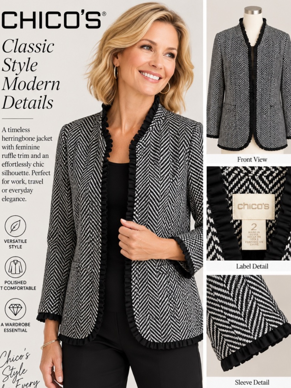 Like New! Chico’s Black White Herringbone Blazer Ruffle Trim Jacket  Size 2 L
